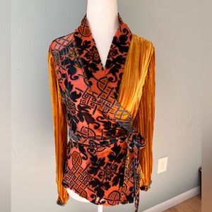 Moulinette Soeurs for Anthropologie size XS orange, gold, and teal wrap top